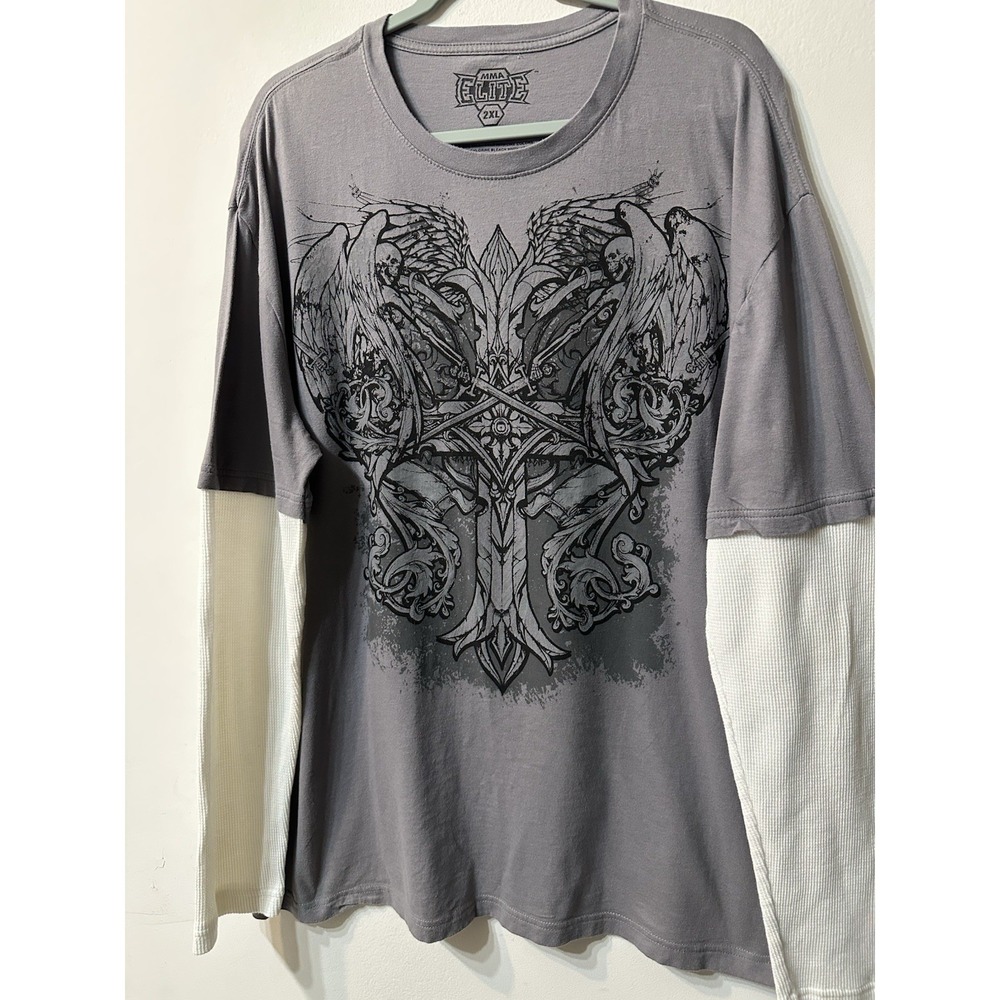 MMA Elite Shirt Mens 2XL Grey Layered Long Sleeve Cross Graphic Grunge